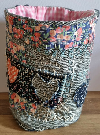 Boro inspired embroidered pot