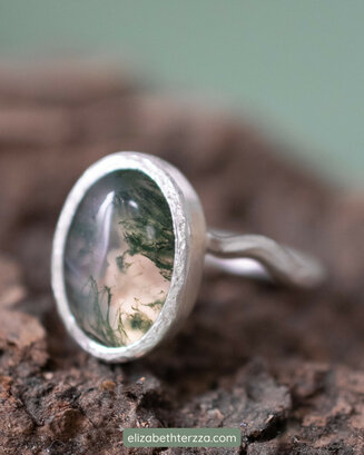 Tree Bark Ring with Moss Agate